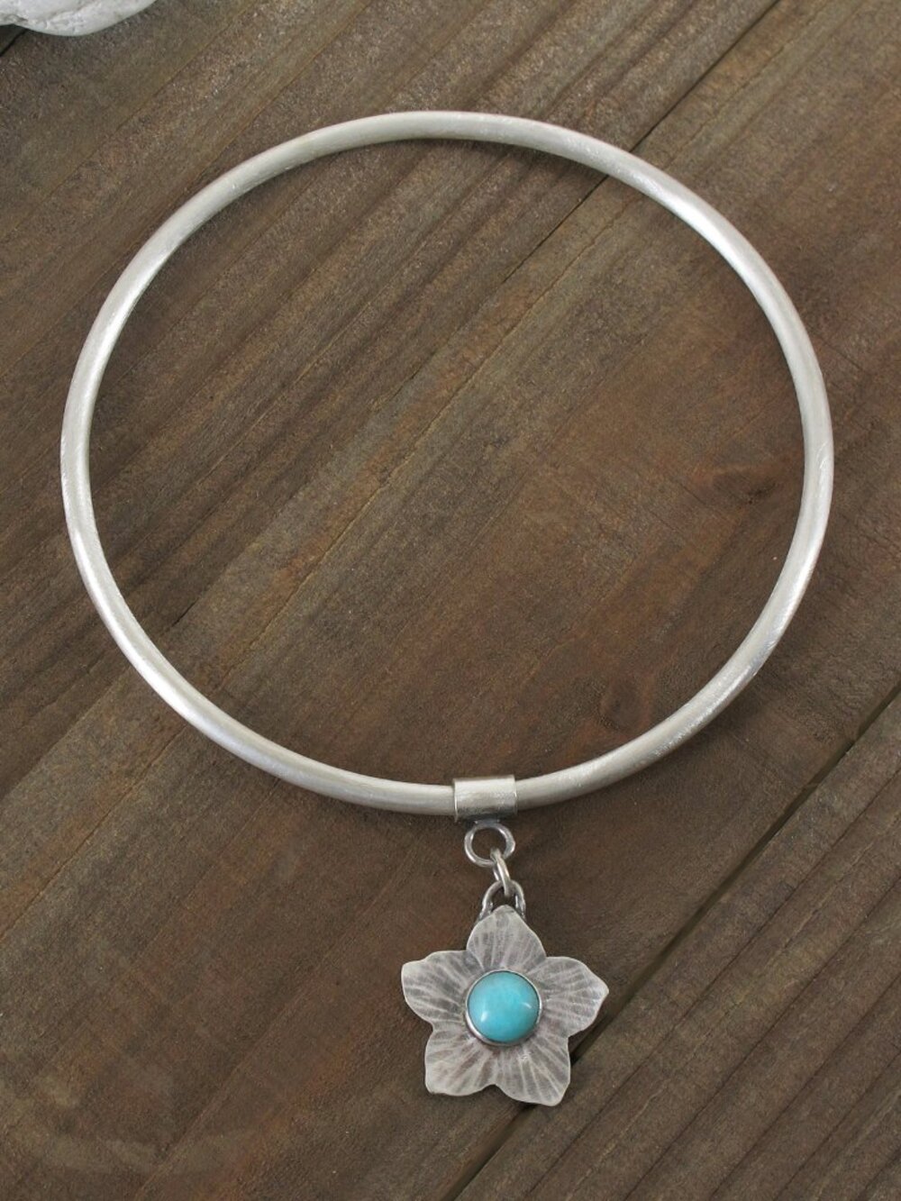 Sterling Silver 925 Bangle With Silver and Amazonite Flower Charm, Handcrafted